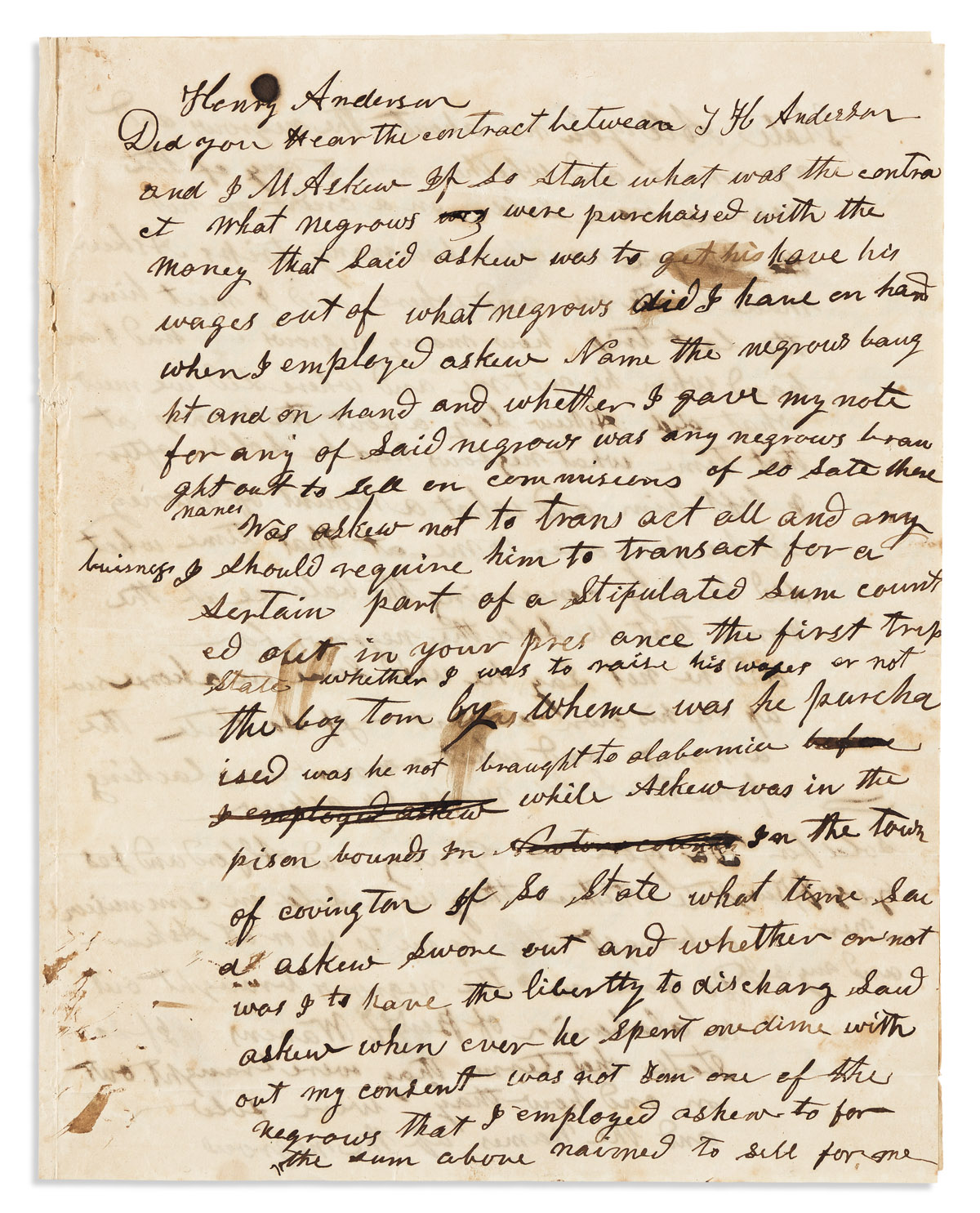 (SLAVERY & ABOLITION.) Letter investigating a suspicious Alabama slave trader.